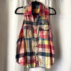 RARE FARM Rio Checkered Stone Wash Button Up Top